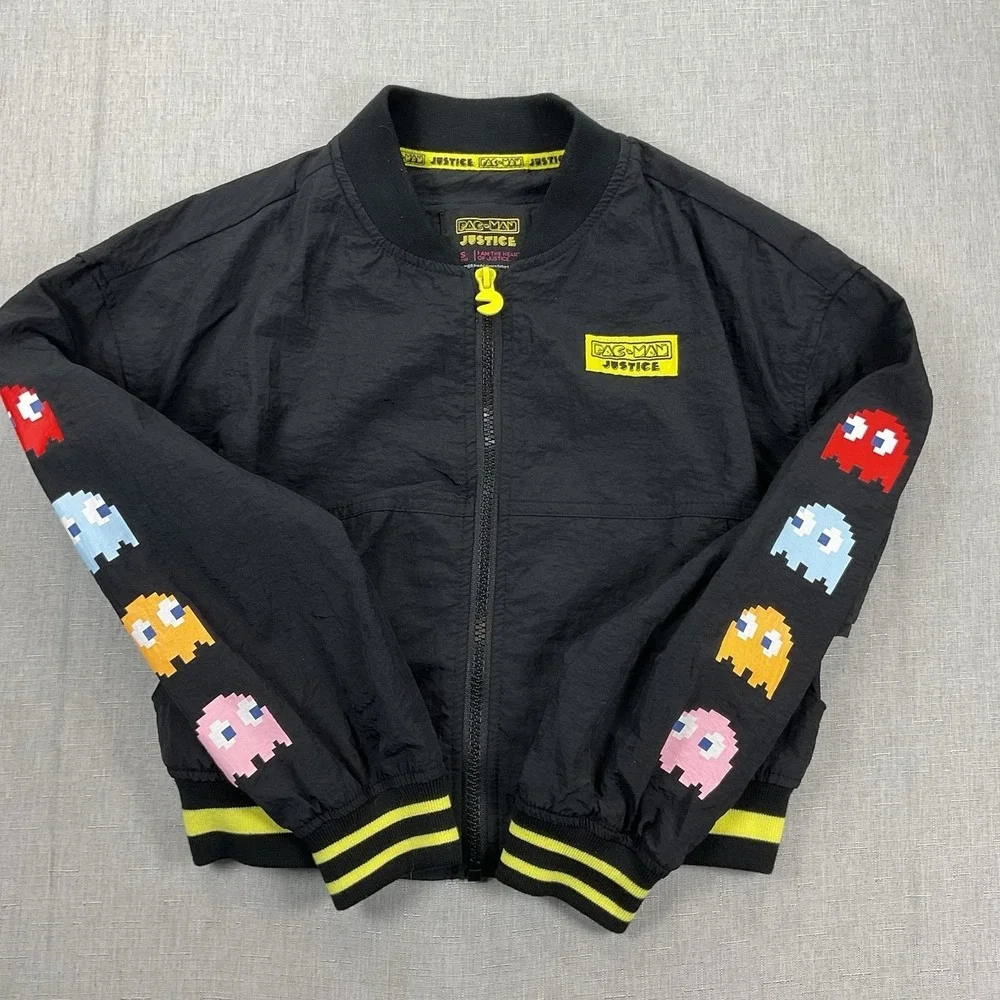 Justice Collab Pac-Man Black Jacket with Pac-Man Patches Girls Size S(7/8)
